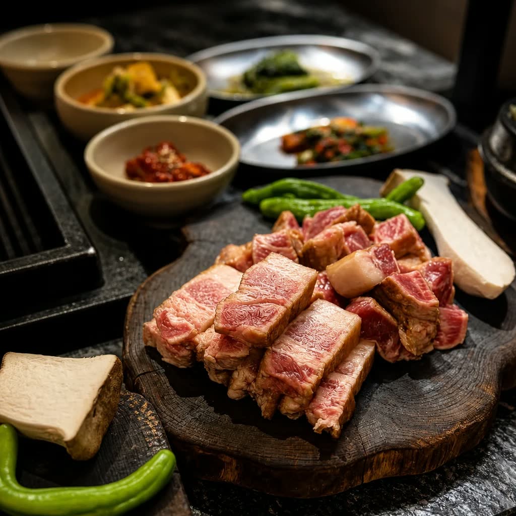 두툼하게 썬 이천돼지 구이가 나무 도마에 가지런히 올라가 있고, 옆으로 구운 치즈와 풋고추, 뒤로는 양념 종지와 나물 반찬이 놓인 깃뜰 홍대본점의 한 상